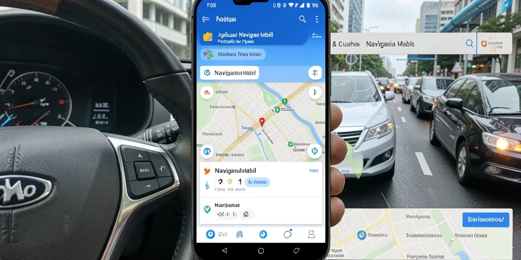Screenshot aplikasi F08 menampilkan antarmuka navigasi mobil yang jelas dan informatif.