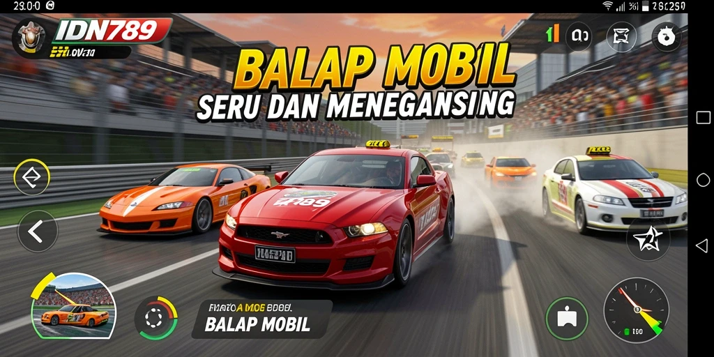 Tampilan antarmuka IDN789 saat balapan mobil berlangsung.