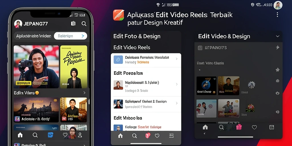 Tampilan antarmuka aplikasi JEPANG77 saat mengedit video reels.